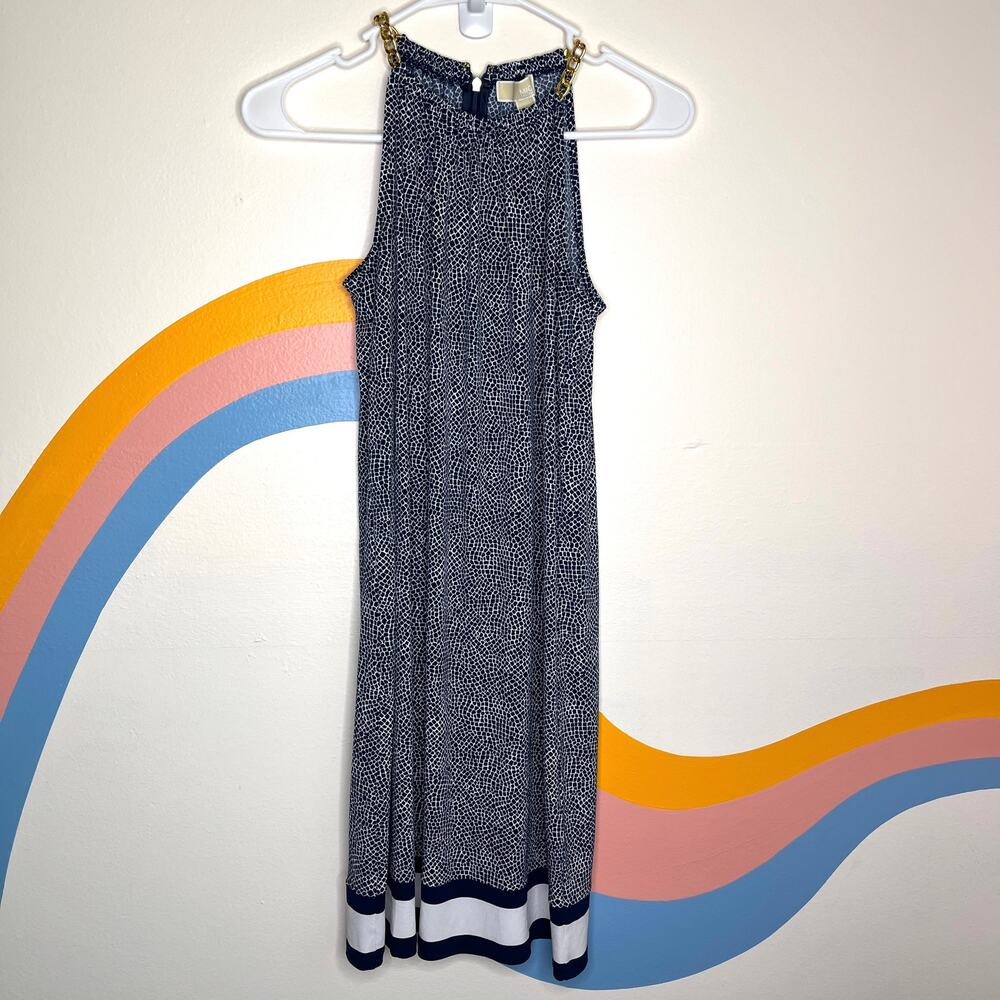 Michael Kors Midi Dress Blue White‎ Sleeveless Gold Chain Shift Womens XS